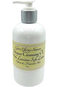 Shower Cleansing Oil with Luscious Soft Lather/ 8 oz White Bottle with silver and white Lotion pump/ Soothing Cleansing for dry, irritated skin/ Char's Effective Skincare