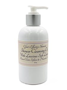 Shower Cleansing Oil with Luscious Soft Lather/ 8 oz White Bottle with silver and white Lotion pump/ Soothing Cleansing for dry, irritated skin/ Char's Effective Skincare