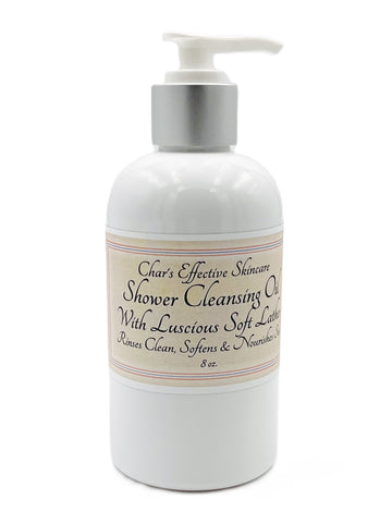 Shower Cleansing Oil with Luscious Soft Lather/ 8 oz White Bottle with silver and white Lotion pump/ Soothing Cleansing for dry, irritated skin/ Char's Effective Skincare