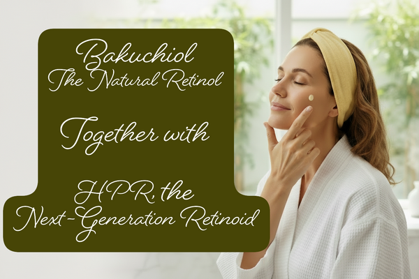A woman in a white robe and yellow headband applies skincare cream to her face, with a large olive green text box on the left reading 'Bakuchiol The Natural Retinol Together with HPR, the Next-Generation Retinoid'.