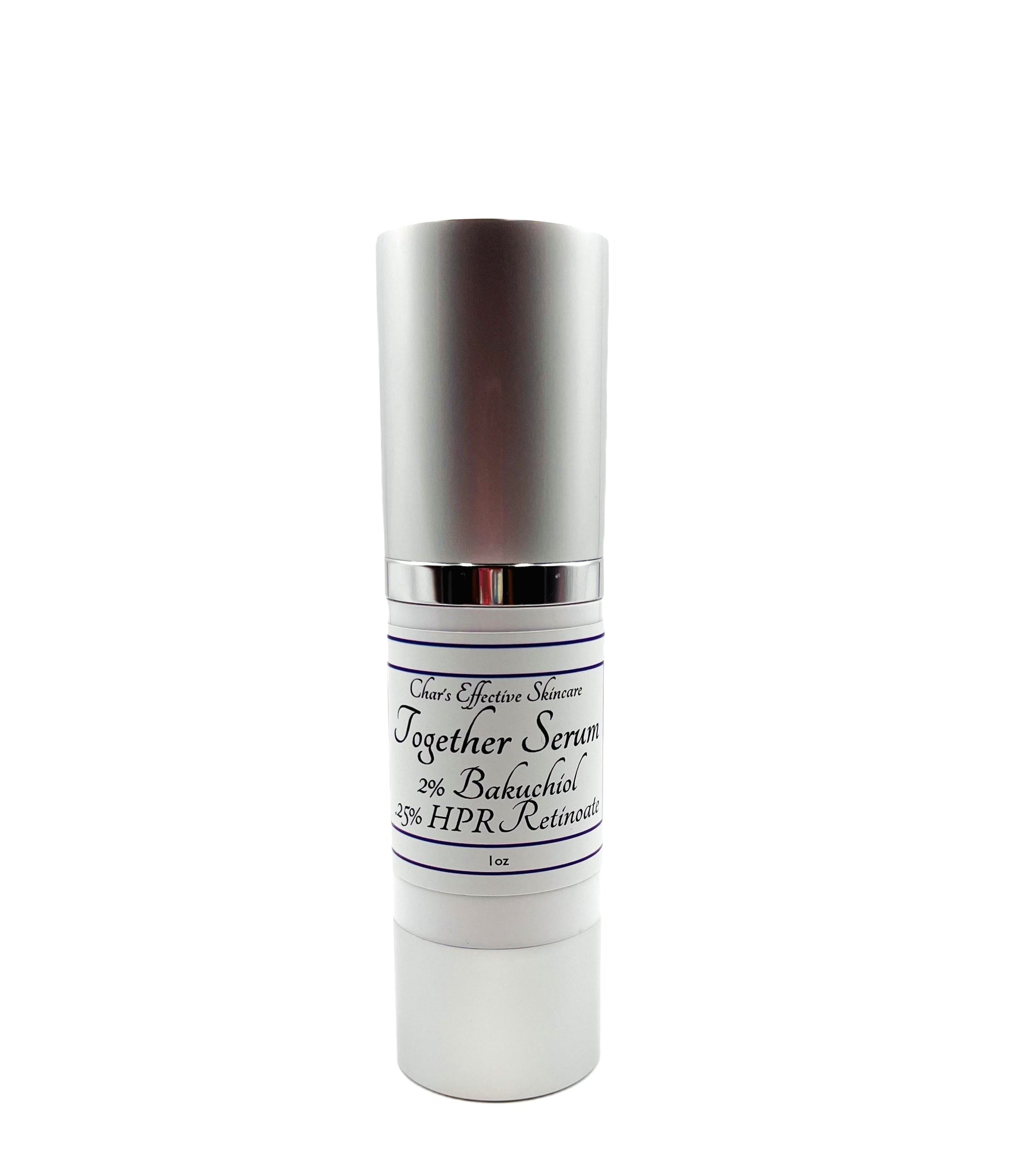 Together Serum 2% Bakuchiol and .25% HPR Retinoid/White Airless bottle with silver cap and bottom/ 1 oz/ For Sensitive and All Skin Types/ Char's Effectives Skin Care