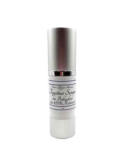 Together Serum 2% Bakuchiol and .25% HPR Retinoid/White Airless bottle with silver cap and bottom/ 1 oz/ For Sensitive and All Skin Types/ Char's Effectives Skin Care