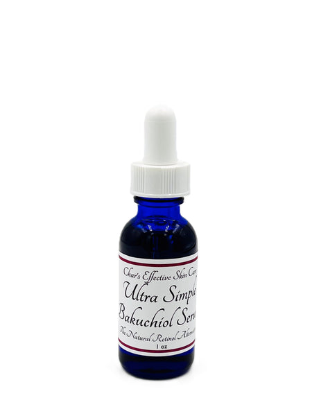 Ultra Simple Bakuchiol Serum/ Blue 1 oz glass bottle with white dropper top/ Authnetic Sytenol A Bakuchiol at industry high 3%/ Char's Effectives Skincare