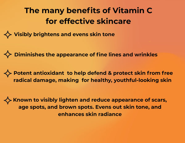 List of benefits of Vitamin C for skincare on an orange background
