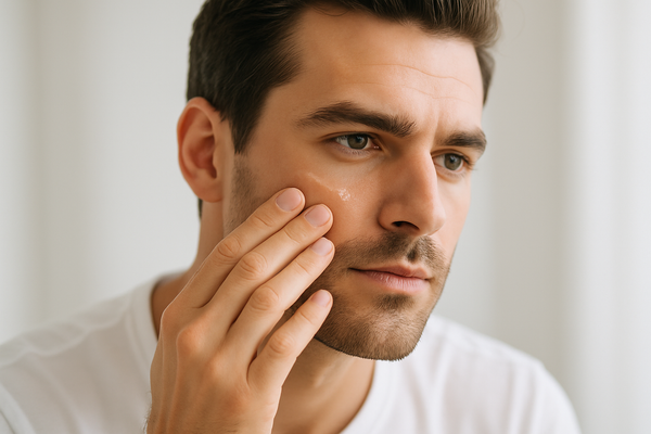 A professional lifestyle photo of a handsome man applying serum to his face without product bottle visible