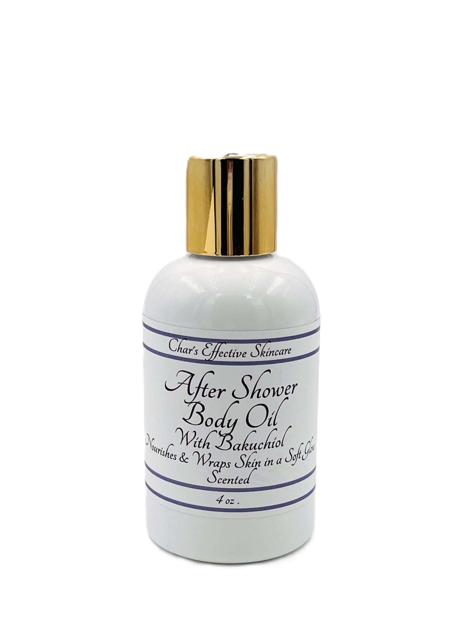 After Shower Body Oil with Bakuchiol/White 4 oz botlle with gold and white treatment pump/Scented/ Luxurious oils Nourishes dry skin/Char's Effective Skincare