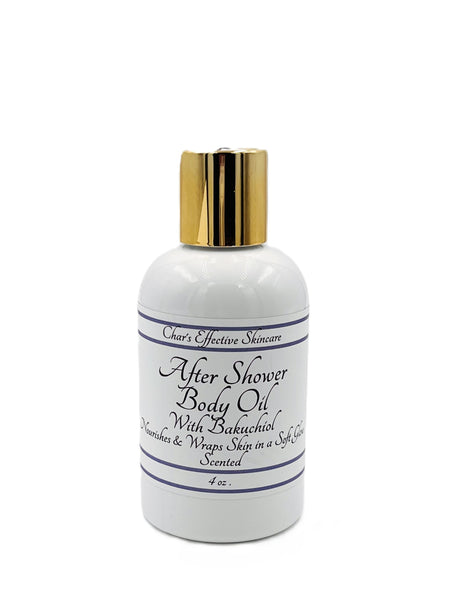 After Shower Body Oil with Bakuchiol/White 4 oz botlle with gold and white treatment pump/Scented/ Luxurious oils Nourishes dry skin/Char's Effective Skincare