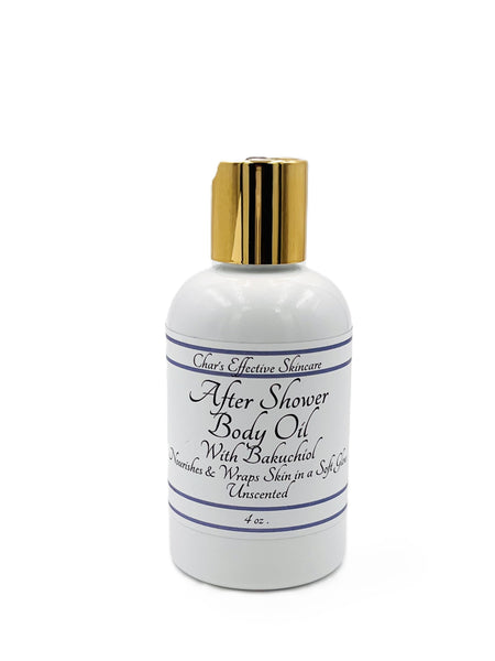 After Shower Body Oil with Bakuchiol/White 4 oz botlle with gold and white treatment pump/unscented/ Luxurious oils Nourishes dry skin/Char's Effective Skincare