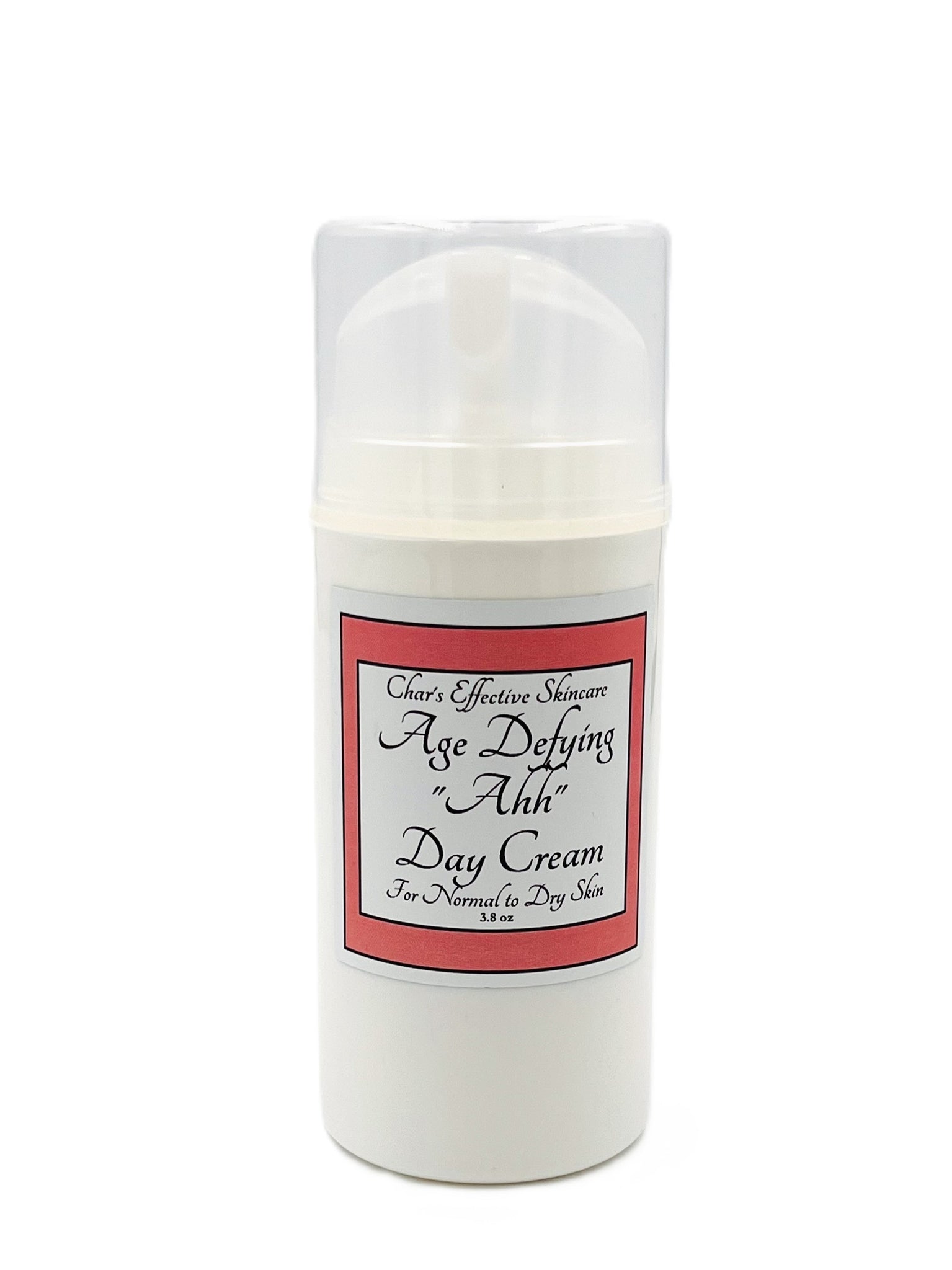Age Defying "AHH" Facial Day Cream Moisturizer/For Normal to Dry Skin/ White Airless Pump Bottle in 3.8 oz / Botanical Antioxidant Centella Asiatica, Rose Hip Oil and Jojoba Oil with anti-aging Peptides, Niacinamide, Hyaluronic Acid and Ceramides/Char's Effective Skin Care