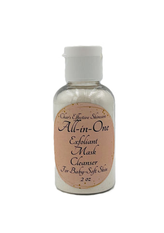 All in One/Exfoliant/Mask/Cleanser/with Bromelain/Azelaic Acid/gentle lather/Coconut Milk Powder/ Aloe/for baby-soft skin/white 2oz Squeeze bottle with pink lable/Char's Effectives