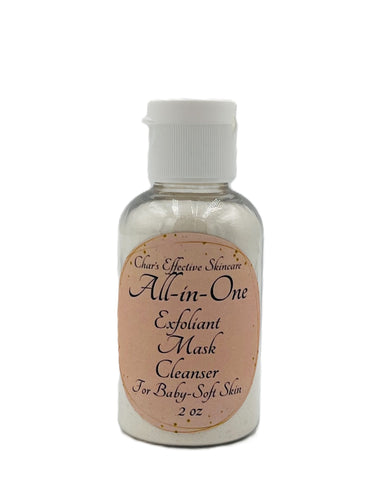 All-in-One/Exfoliant/Mask/Cleanser/ with Bromelain/Azelaic Acid/gentle lather/Coconut Milk Powder/ Aloe/for baby-soft skin/clear 2oz bottle with pink label/Char's Effectives