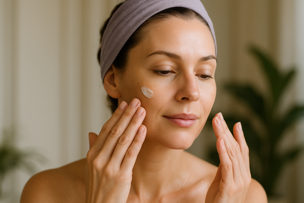 Serene photo of attractive woman  with lavender headband applying the Together Serum onto her cheek