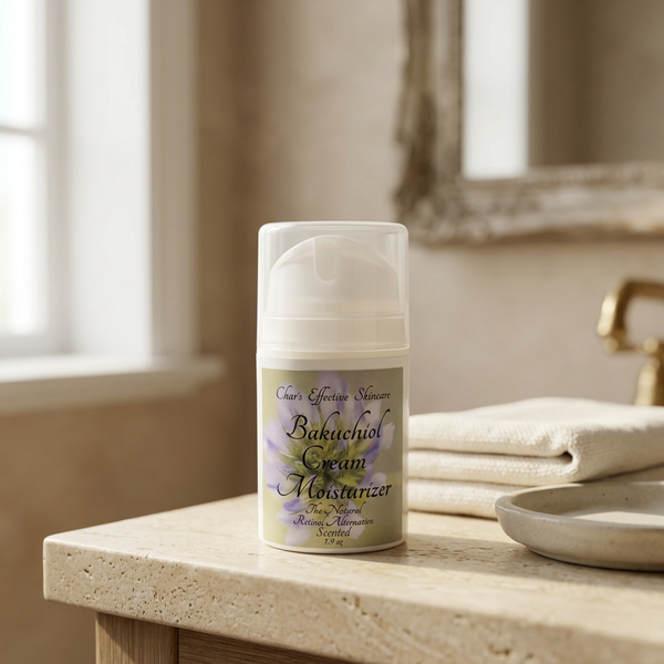 Bakuchiol Cream Moisturizer on a softly lit bathroom vanity