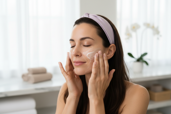 Bakuchiol Serum Application with an attractive brunette woman  in spa setting