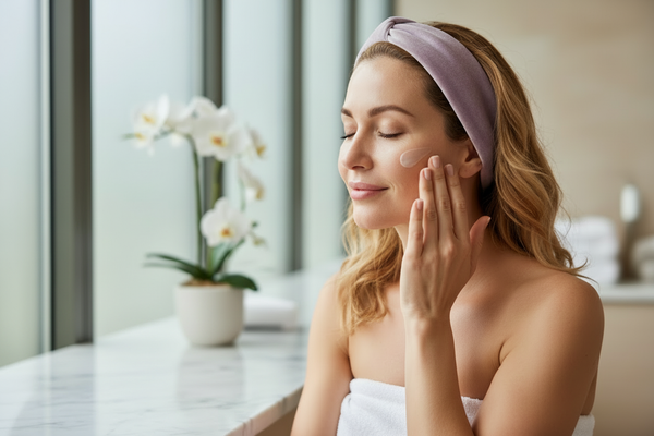 Attractive woman applying Creamy Bakuchiol Serum in a spa-like setting.