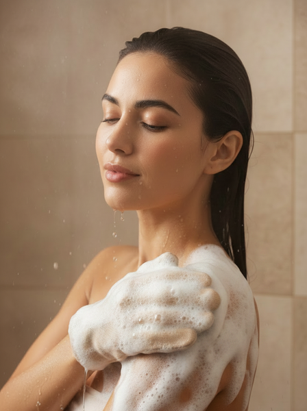 Woman with soap suds on her shoulder in a shower setting