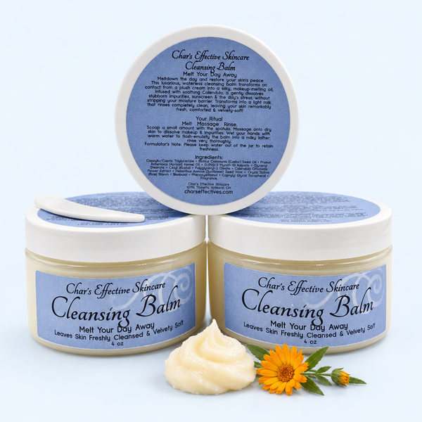 Cleansing Balm Trio with pale blue background, balm swirl, and calendula