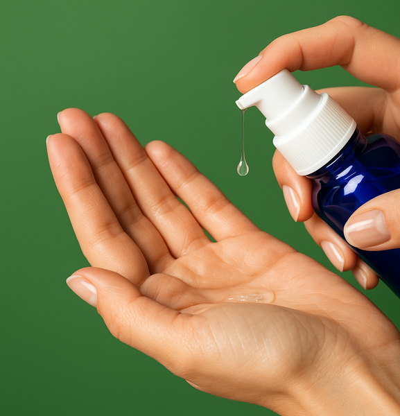 Hand holding a blue bottle with a white  top, applying a clear serum to another hand against a green background