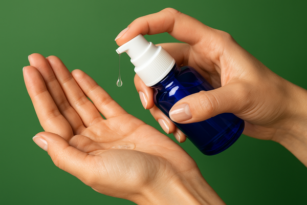 Drench and Quench Serum with a single drop coming from bottle, and pooling in palm of hand.  Cobalt blue bottle with white pump.