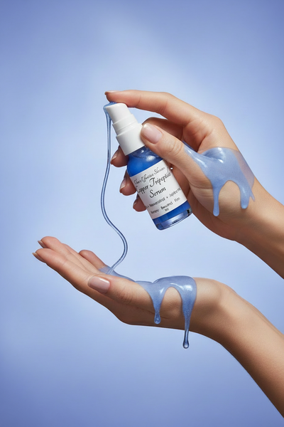 Copper Tripeptide Serum Promo  and product page with serum spilled  over woman's hands