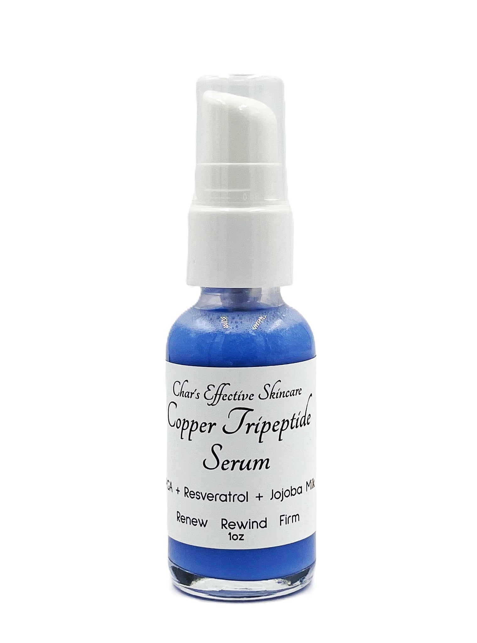 Copper Tripeptide-1 Serum + Resveratrol/ 1oz Clear Bottle with white treatment pump/Copper is naturally a Pretty blue/Firms skin/Promotes Collagen and Elastin/Reduces Appearance of Scars/Char's Effectives