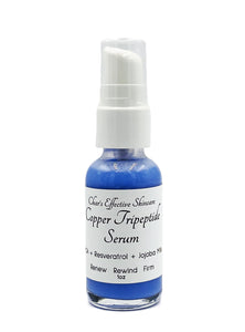 Copper Tripeptide-1 Serum + Resveratrol/ 1oz Clear Bottle with white treatment pump/Copper is naturally a Pretty blue/Firms skin/Promotes Collagen and Elastin/Reduces Appearance of Scars/Char's Effectives