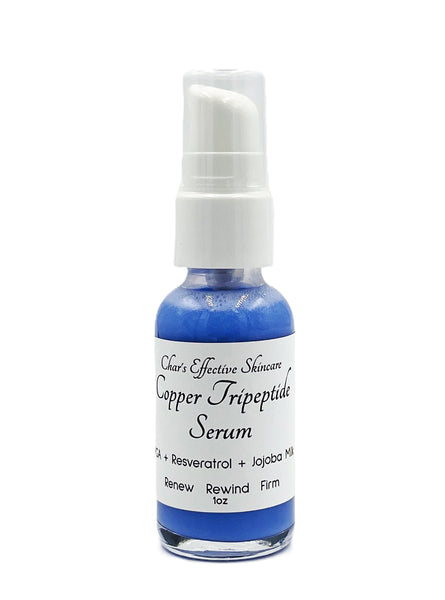 Copper Tripeptide-1 Serum + Resveratrol/ 1oz Clear Bottle with white treatment pump/Copper is naturally a Pretty blue/Firms skin/Promotes Collagen and Elastin/Reduces Appearance of Scars/Char's Effectives