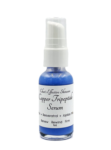 Copper Tripeptide-1 Serum + Resveratrol/ 1oz Clear Bottle with white treatment pump/Copper is naturally a Pretty blue/Firms skin/Promotes Collagen and Elastin/Reduces Appearance of Scars/Char's Effectives