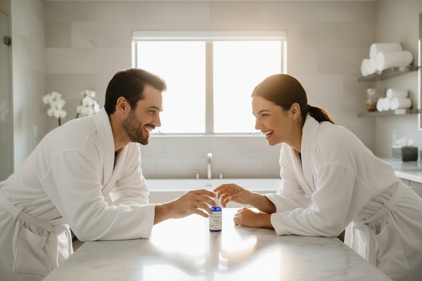 Man and Woman going for the bottle of Drench & Quench Serum
