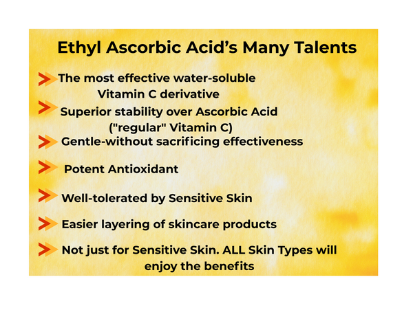 List of benefits of Ethyl Ascorbic Acid on a yellow background with text.