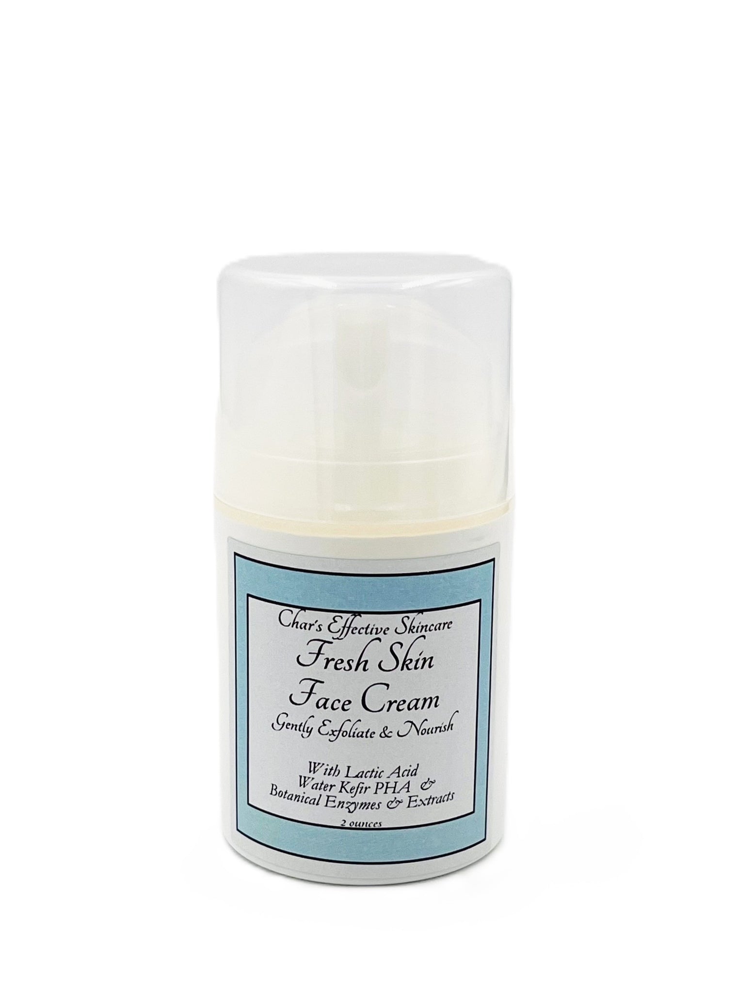 Fresh Skin Face Cream with Lactic Acid & PHA/ White 2 oz Airless Pump Bottle/ Unique Cream that promotes exfoliation and moisturizes skin/Together with Vegan PHAs, Blue Agave, Prickly Pear Extract, Pumpkin Enzymes/ promotes healthy skin/Char's Effective Skin Care