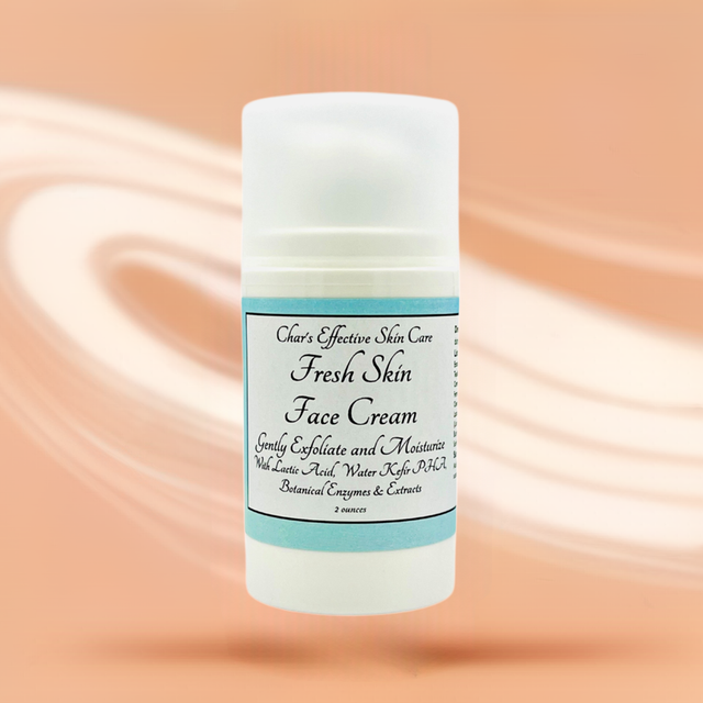 Fresh Skin Face Cream with Lactic Acid & PHA/ White 2 oz Airless Pump Bottle with pale peach colored background with swirled cream/ Unique Cream that promotes exfoliation and moisturizes skin/Together with Vegan PHAs, Blue Agave, Prickly Pear Extract, Pumpkin Enzymes/ promotes healthy skin/Char's Effective Skin Care
