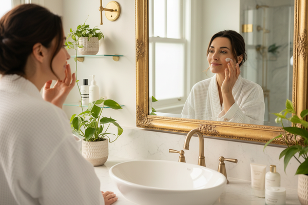 Lifestyle photo of woman applying facial day cream ina lovely vanity setting