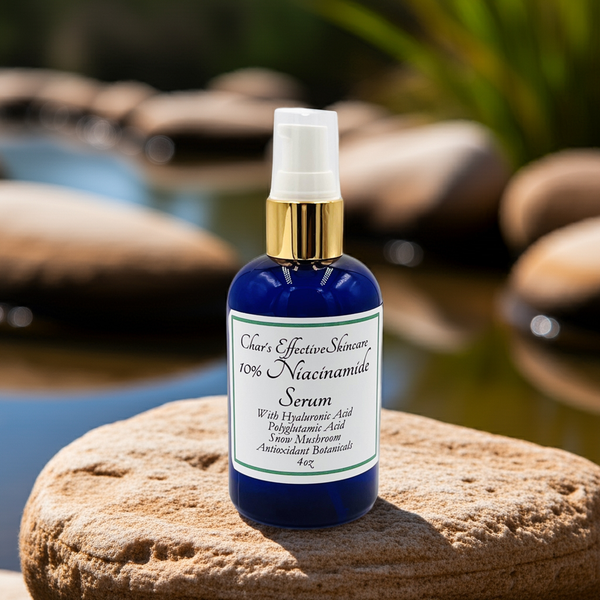 Creative photo of 10% Niacinamide Serum/4oz. Set on a stone in a river setting