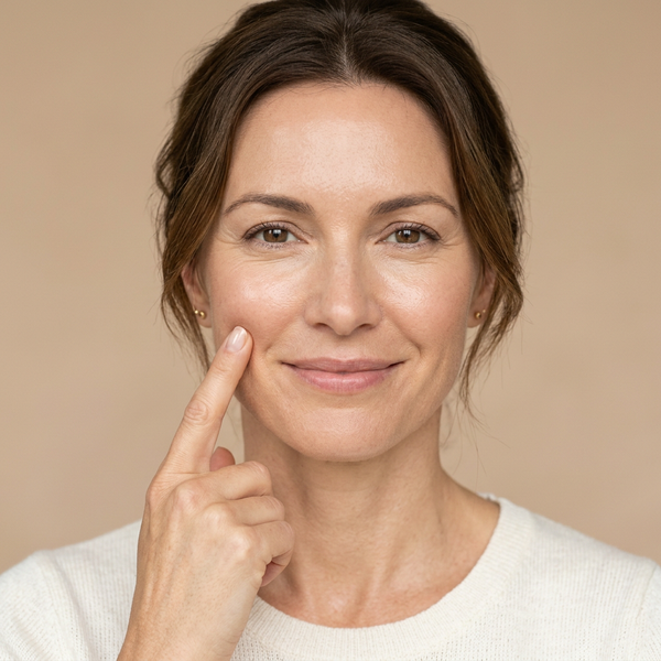 Portrait of an everyday woman in her early 40s gently pressing her glowing cheek