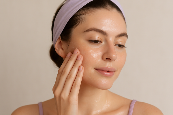 Pretty woman with hair pulled back lavender colored head band patting serum on dewy skin 