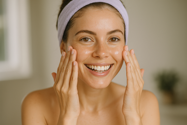 Smiling, open-eyed woman with lavender headband patting serum onto both cheeks