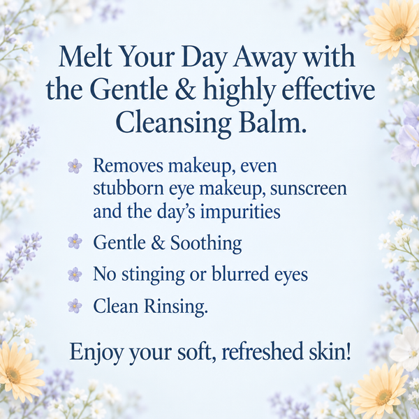 Soft floral Cleansing Balm graphic with flower-shaped benefit bullets