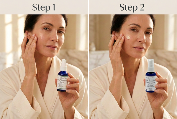 Step 1 and Step 2 skincare photos with Woman applying 10% Niacinamide Serum  in Step 1 and then Step 2 applying the 3% Bakuchiol Creamy Serum