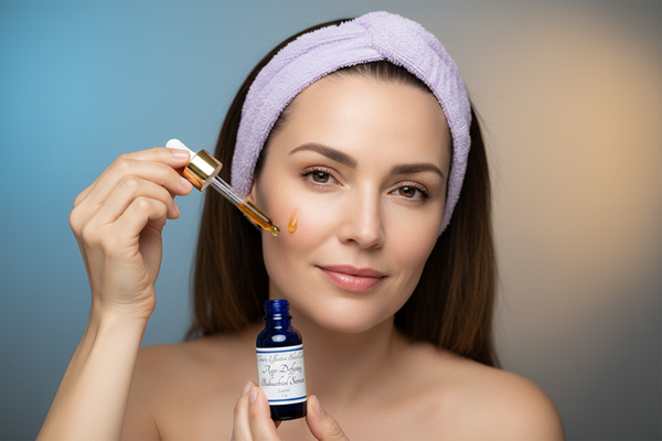 Woman applying Age Defying Bakuchiol Serum - serene expression