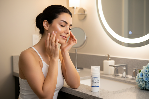 Woman applying Age Defying Night Cream in a vanity setting