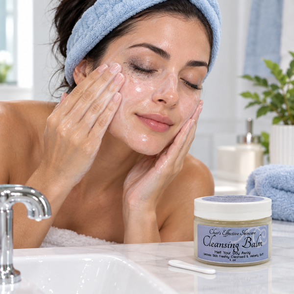 Woman cleansing her face with a milky balm cleanser