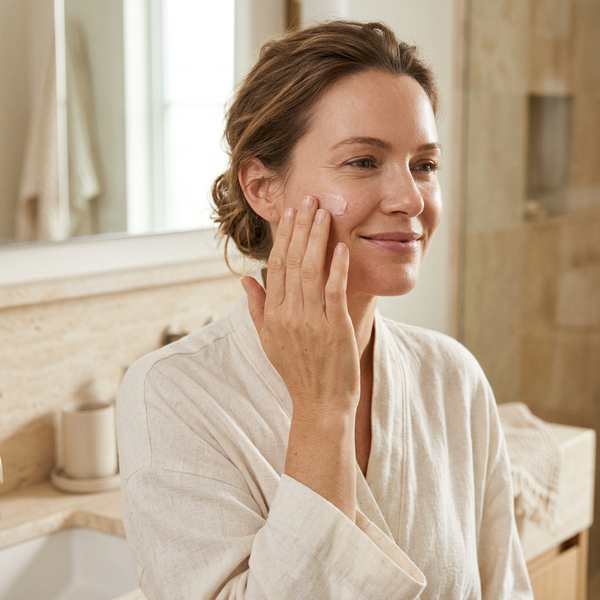 Woman gently smoothing moisturizer onto her cheek in a bathroom vanity setting