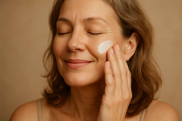 Woman in her 40's with a relieved look placing the cream on her face