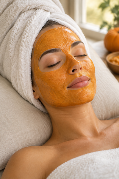 Woman with pumpkin mask on, turban towel, resting