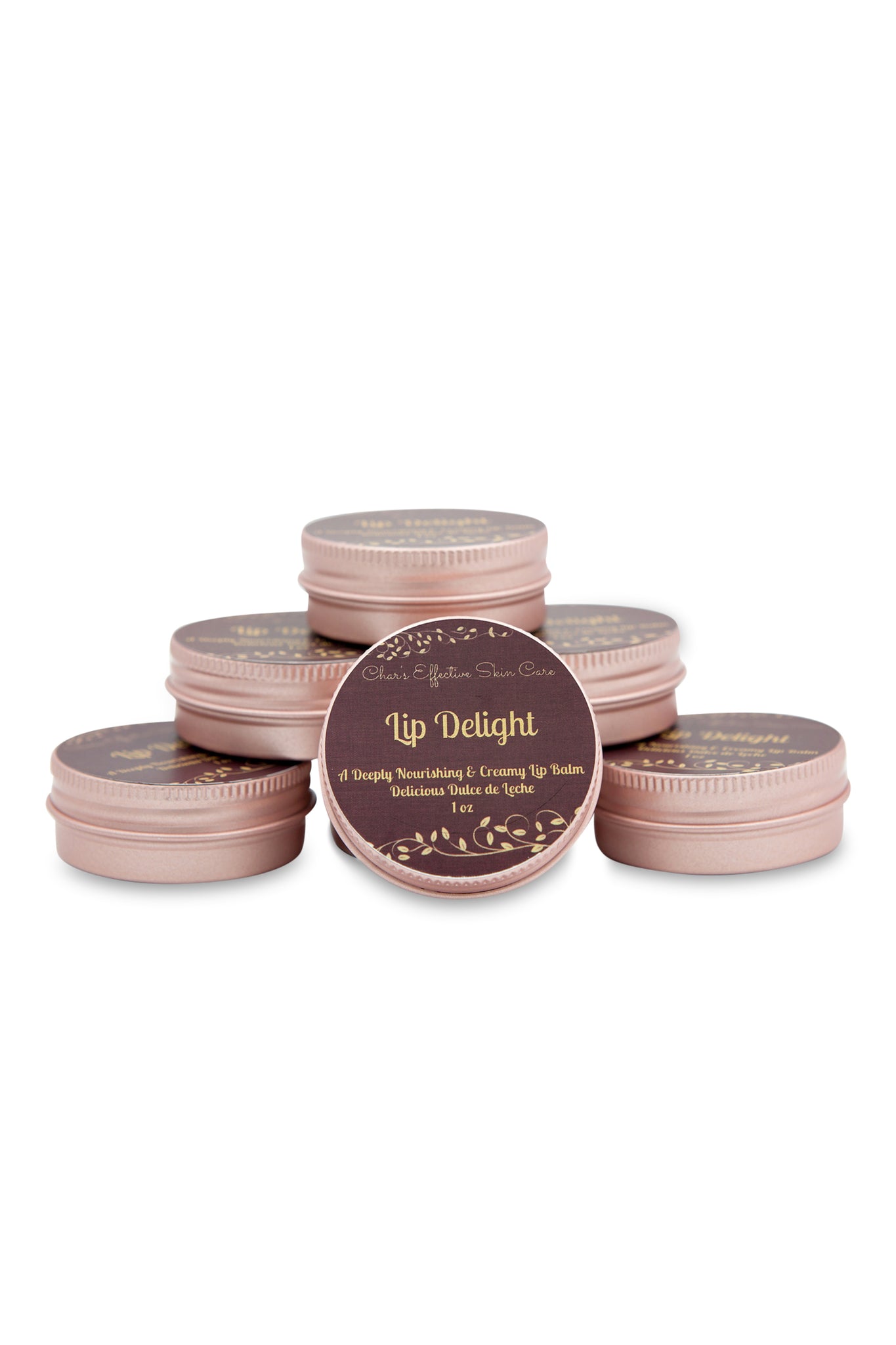 Several Stacked  Lip Delight/Several 1 oz rose gold round containers/ Deeply Nourishing and Creamy Lip Balm/Dulce de Leche Caramel Flavor or Unflavored/ Char's Effective Skin Care