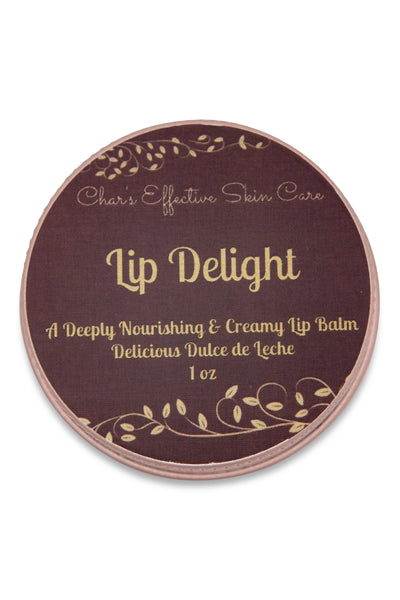 Lip Delight/ 1 oz rose gold round container/ Deeply Nourishing and Creamy Lip Balm/Dulce de Leche Flavor or Unflavored/ Char's Effective Skin Care
