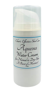 AQUEOUS! A Beautiful Water Cream for Dry Skin and Normal Skin/Hyaluronic based, light weight, a surge of moisture without greasy feel/With Niacinamide, L22 patented botanical lipids and Botanical Extracts/White 4 oz Bottle with Airless Treatment Pump/Char's Effective Skin Care