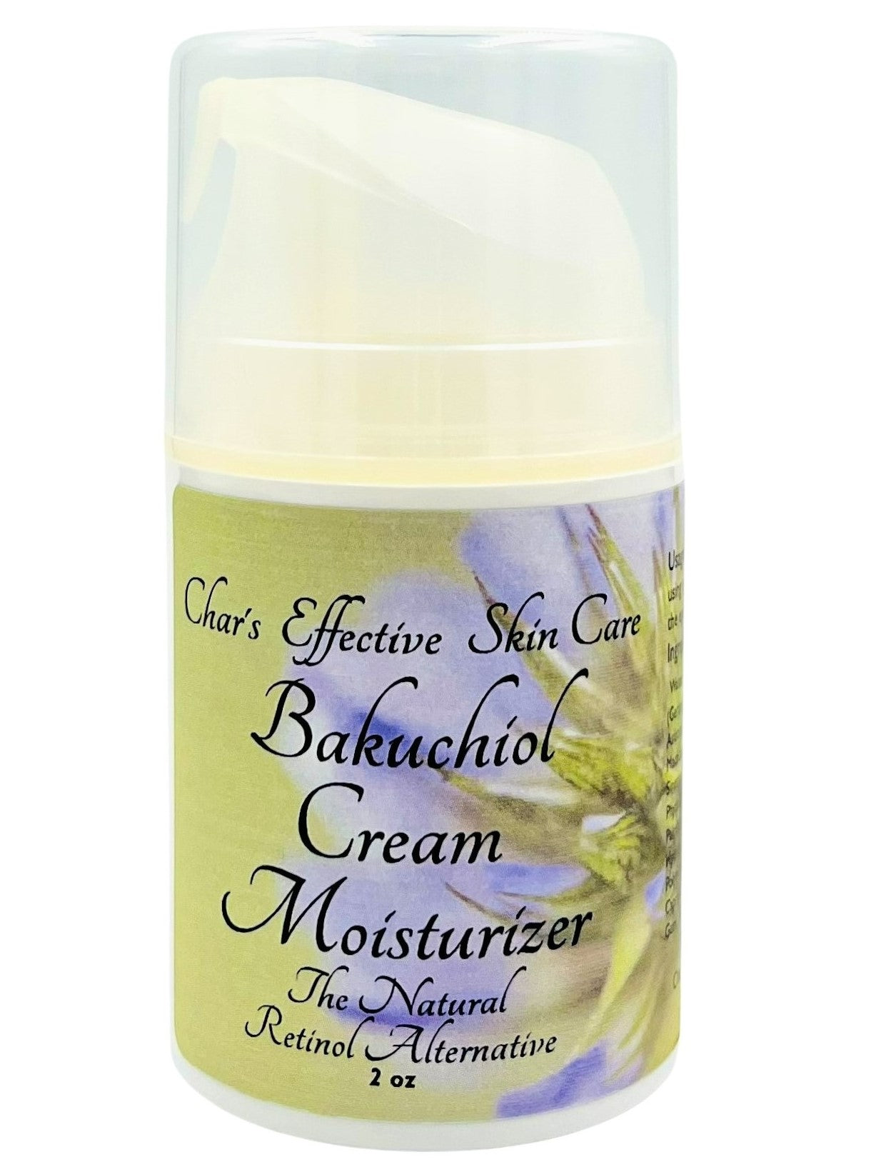 Bakuchiol Cream The Natural Retinol Alternative (3%)/ Also Includes Ceramides, Botanicals, Hyaluronic Acid, Matrixyl 3000 & much more/2 oz white airless pump bottle with floral label/Char's Effective Skin Care