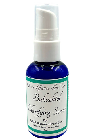 Clarifying Bakuchiol Serum Oily, Acne and Problem Skin/Natural Alternative to Retinol/ With White Willow, Meadowsweet and Green Tea/ 2oz Blue Bottle with White Treatment Pump/Char's Effective Skin Care